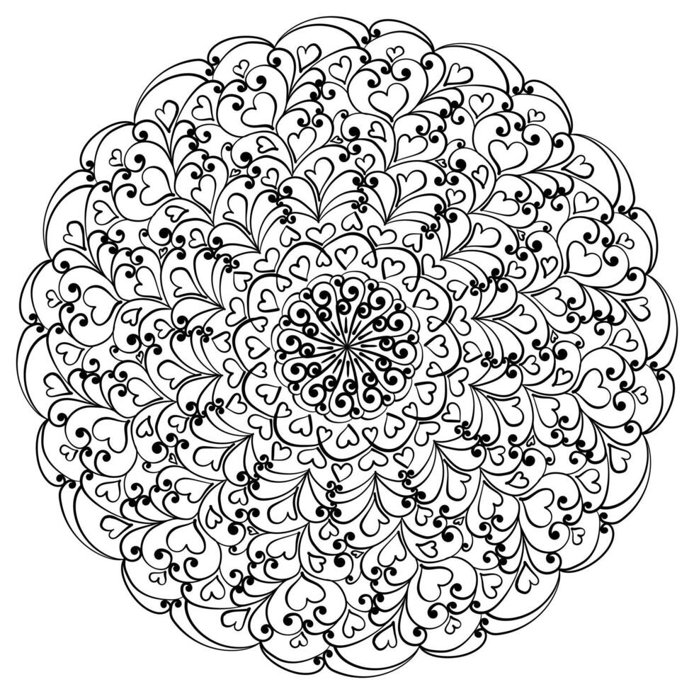 Outline mandala with delicate curls and hearts, creative coloring page for creativity or design vector