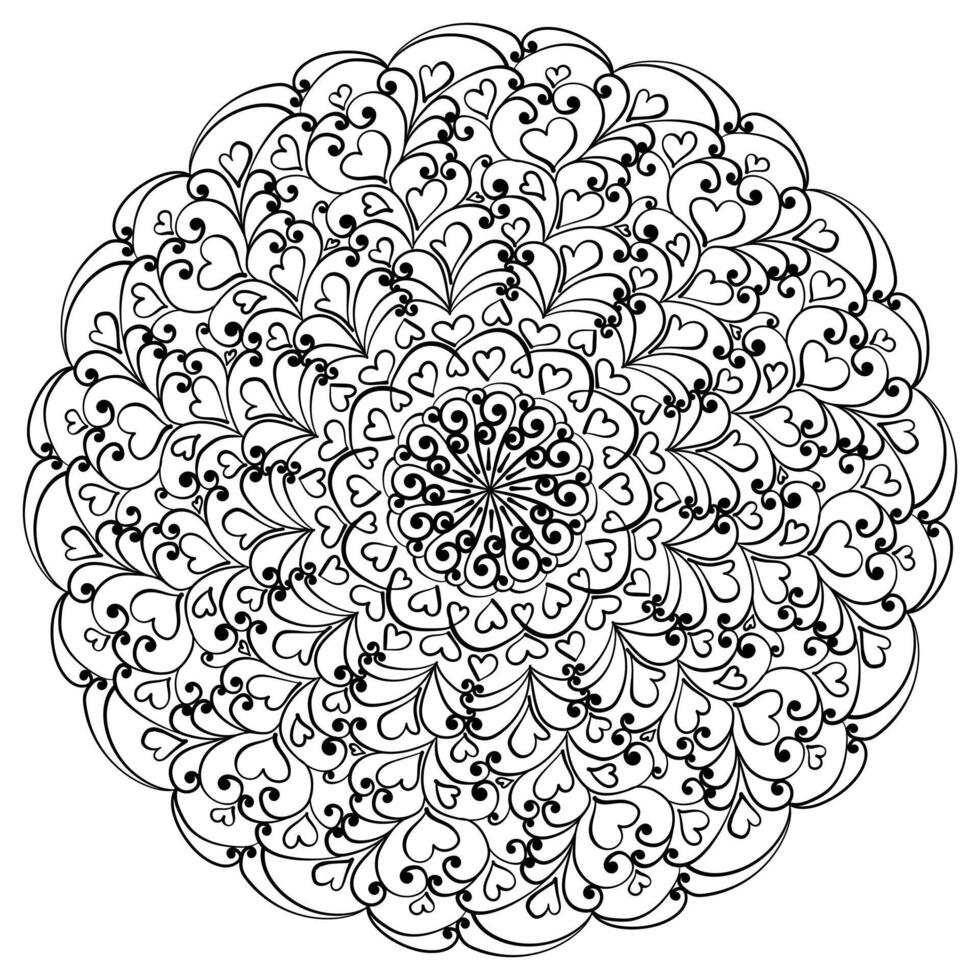 Outline mandala with delicate curls and hearts, creative coloring page for creativity or design vector