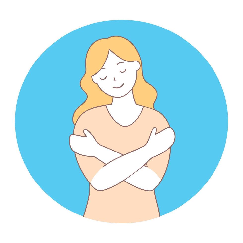 A Smiling woman hugs herself to show self-love Happy girl hugs herself vector