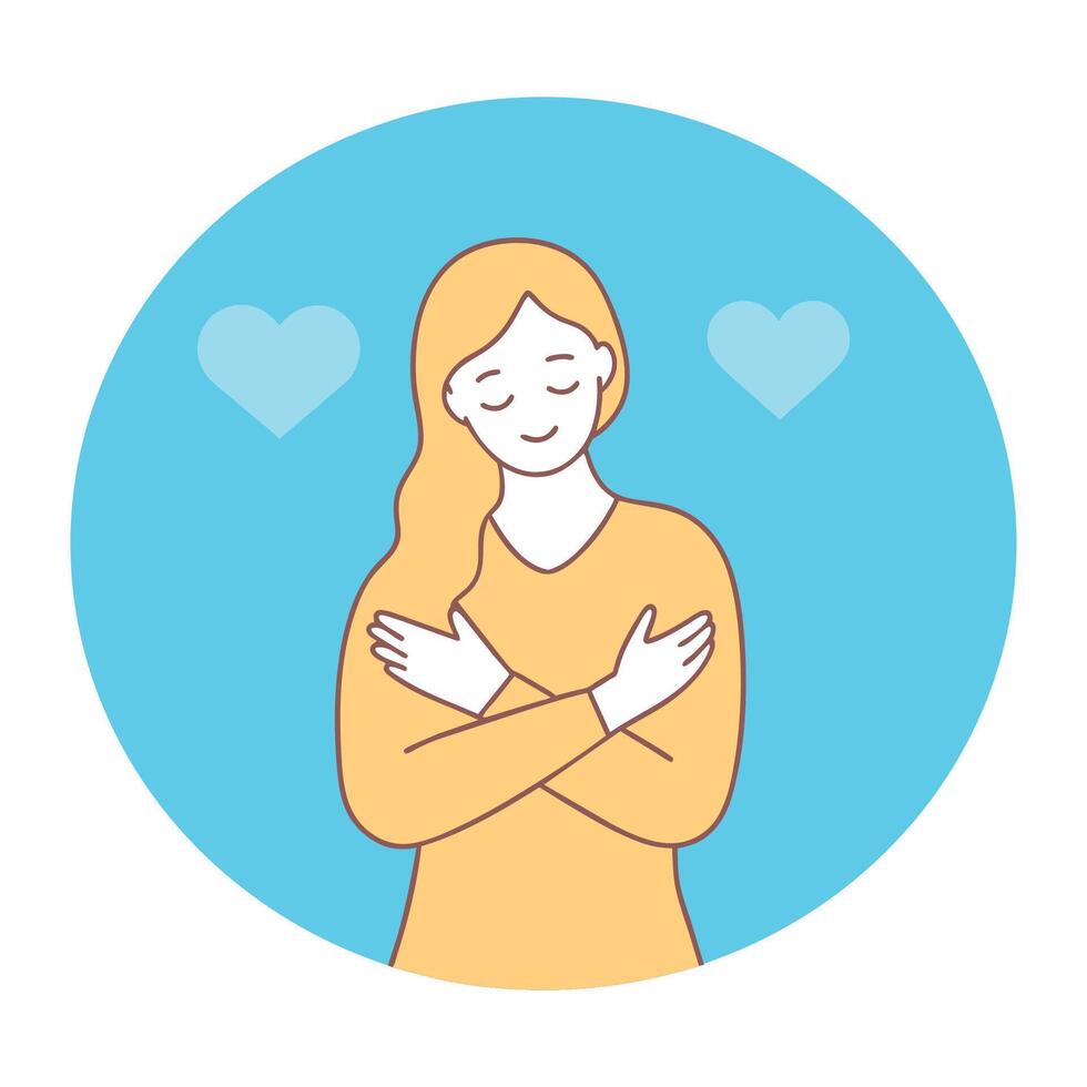 A Smiling woman hugs herself to show self-love Happy girl hugs herself vector