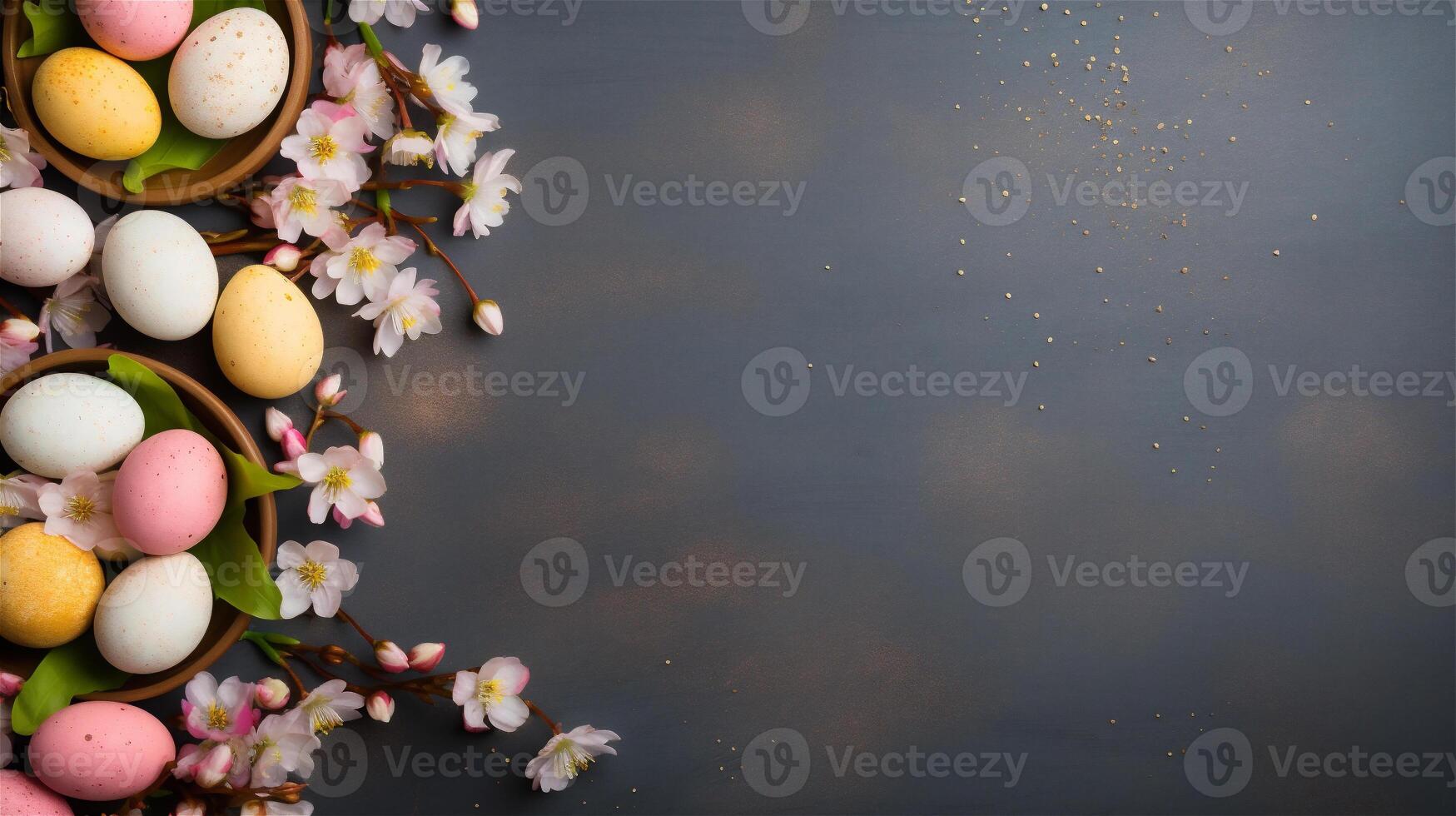 AI generated Easter holiday background top view. Painted Easter eggs with blooming flowers. Rustic background with copy space. AI Generative photo