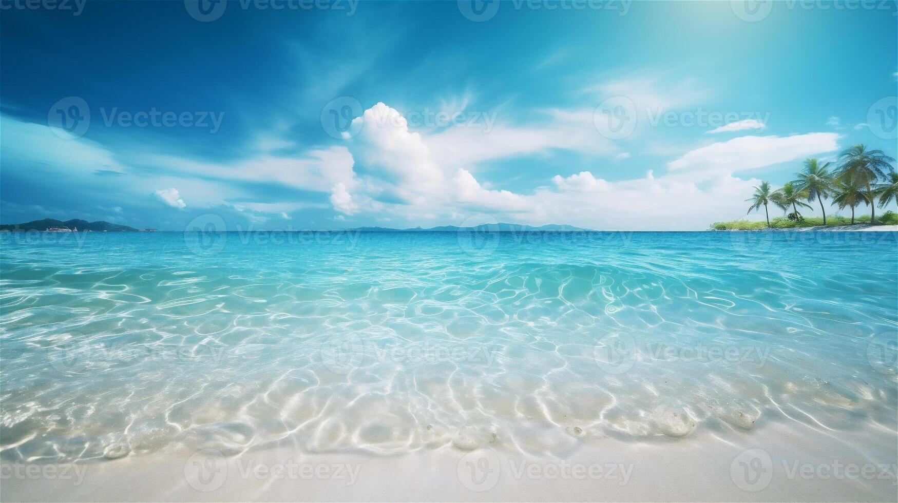 AI generated Summer background with blue ocean and sandy beach. Hot sunny day on island with palm trees. Clear blue sea water. AI Generative photo