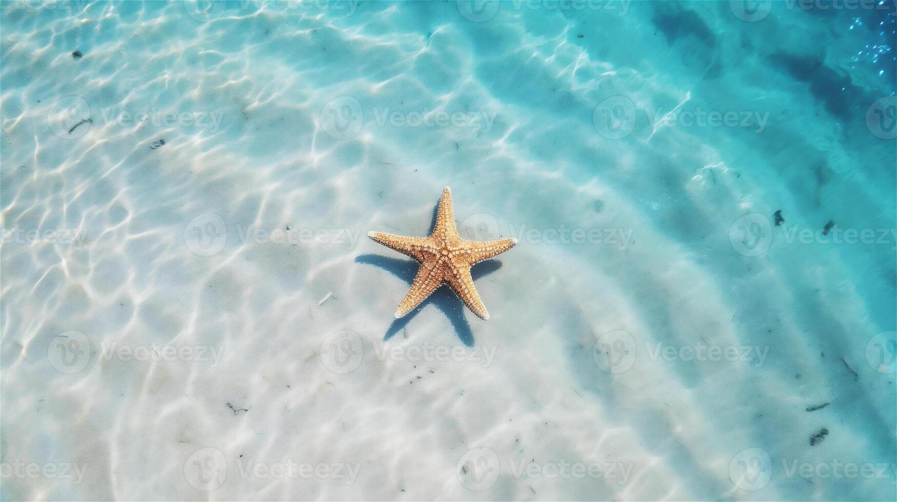 AI generated Starfish on white sand under blue ocean water. Summer background with copy space. Summer paradise. Clear sea water with sea star. AI Generative photo