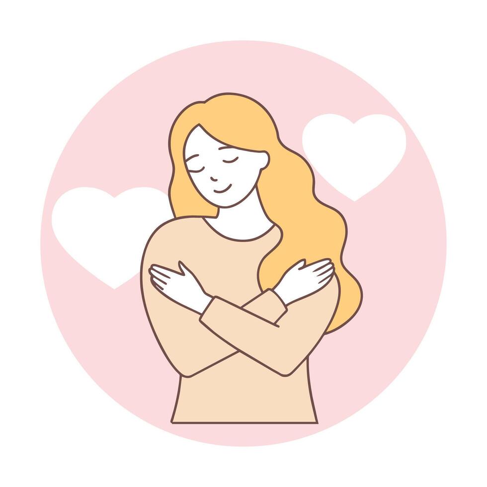 A Smiling woman hugs herself to show self-love Happy girl hugs herself vector