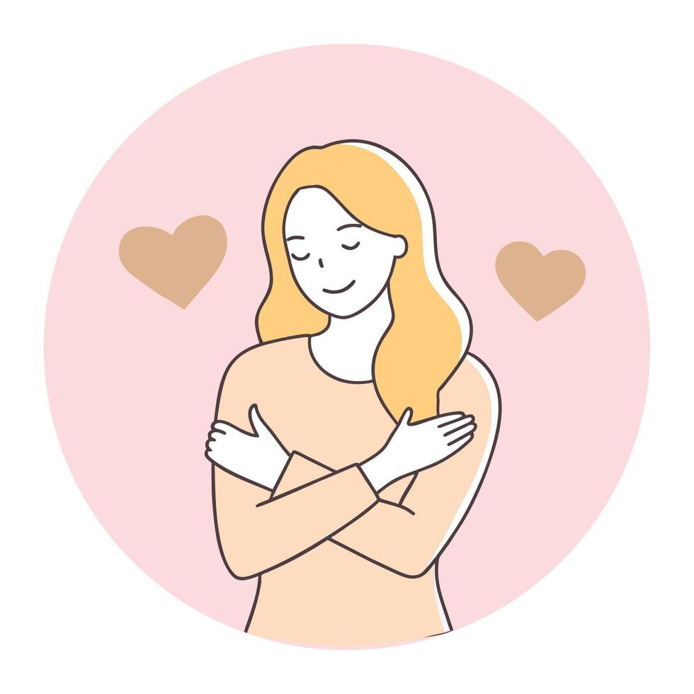 A Smiling woman hugs herself to show self-love Happy girl hugs herself vector