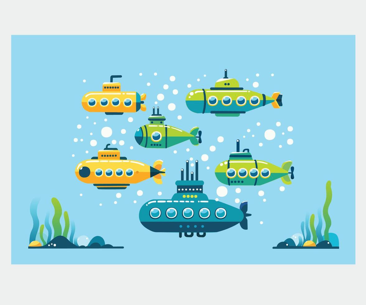 Set Cartoon Submarines Underwater Seascape Background Illustration vector