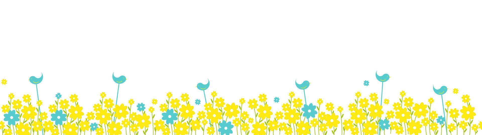 Bright spring floral vector seamless long panoramic background with blue and yellow flowers and birds on a white.