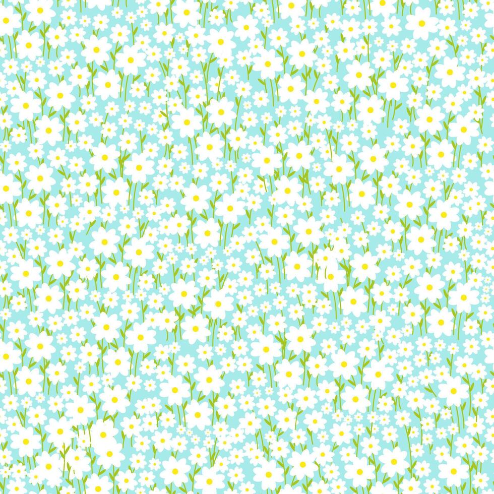 Seamless bright spring or summer floral vector pattern. Background with small plants, daisy flowers, leaves.