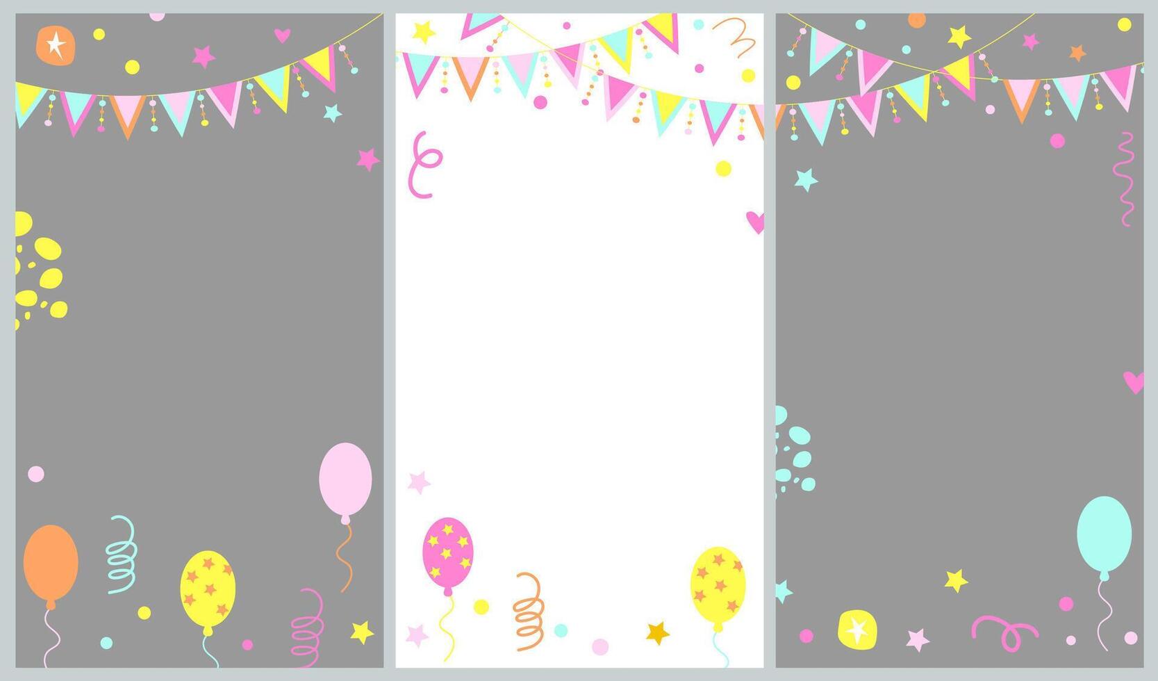 Bright vector backgrounds set with flags garlands, balloons, confetti, streamer  for social media, Instagram, TikTok or vertical video story posting.