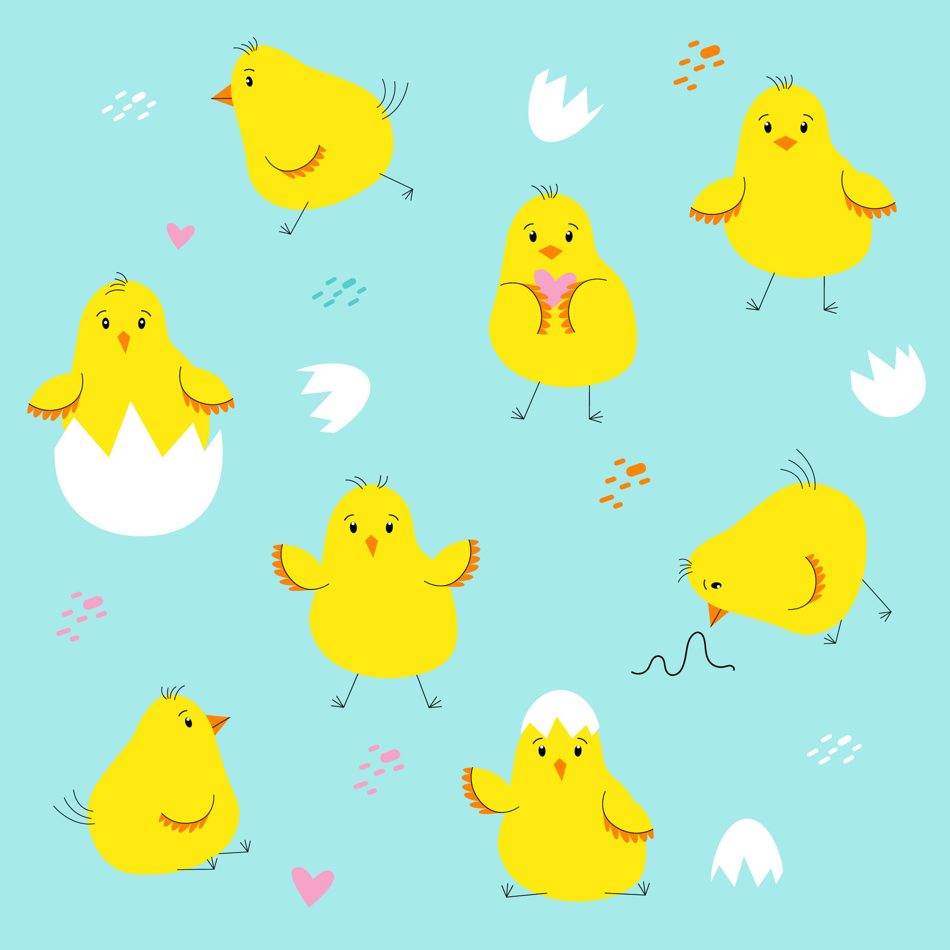 Vector cute little chick character hatched from an egg in different