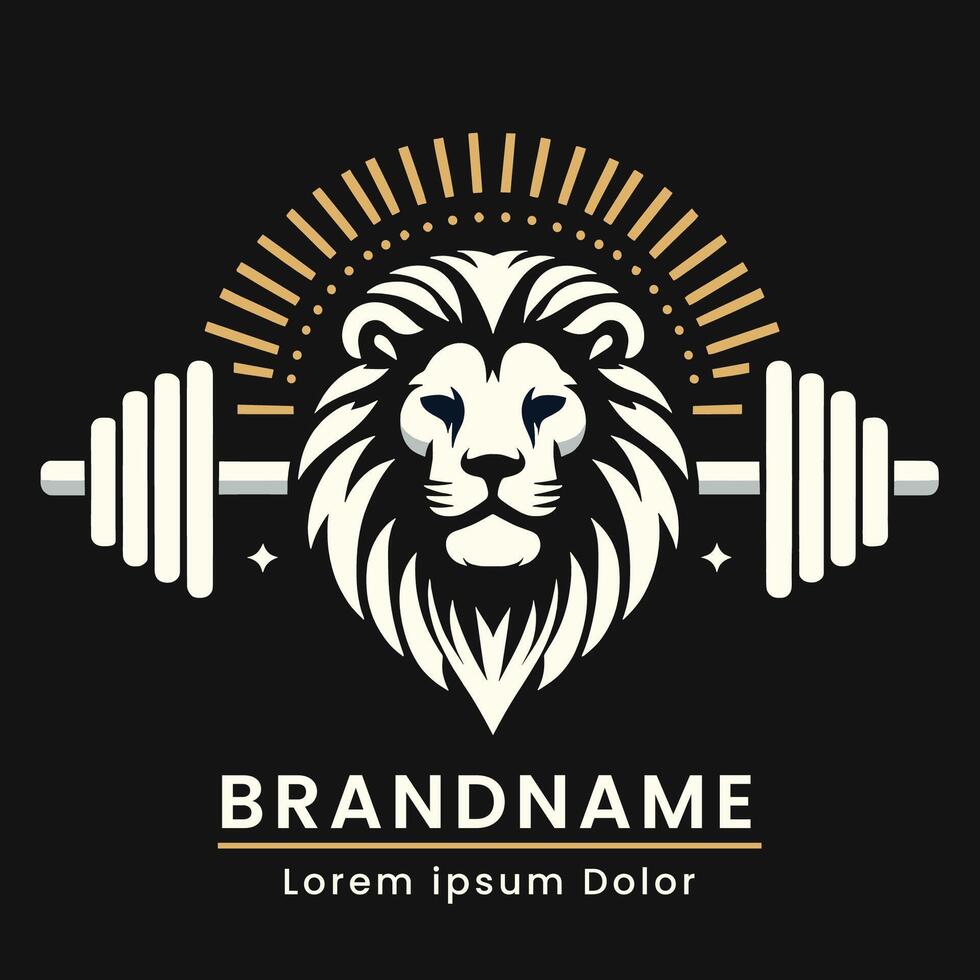 león cabeza logo con barra con pesas para gimnasio marca emblema moderno vector