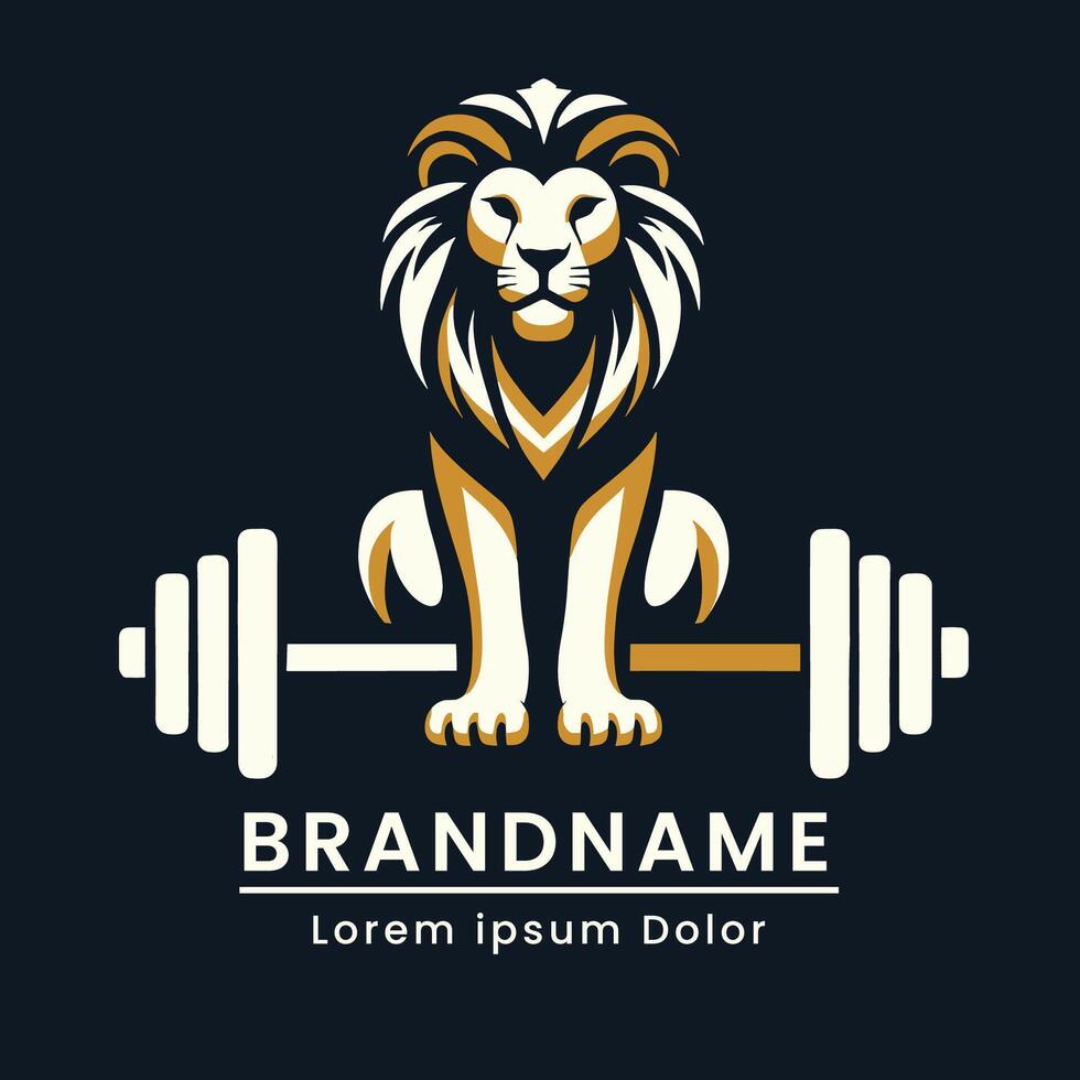 logo león sentado barra con pesas color amarillo y blanco moderno profesional aptitud estilo vector