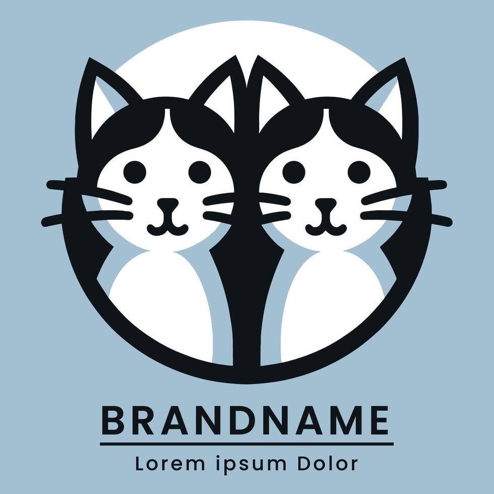 twin cat logo with black ears modern and simple style soft white and black color vector