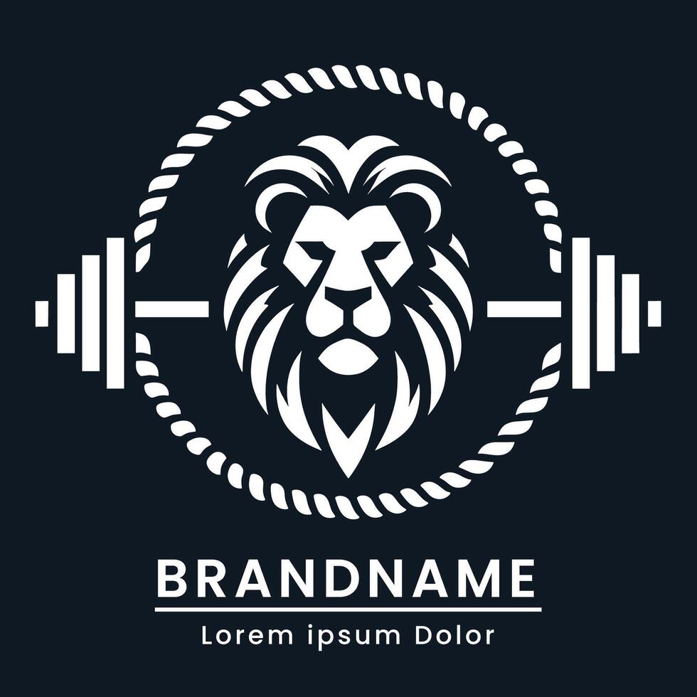 fitness logo with barbell and lion circle rope for gym branding emblem m modern color white black vector