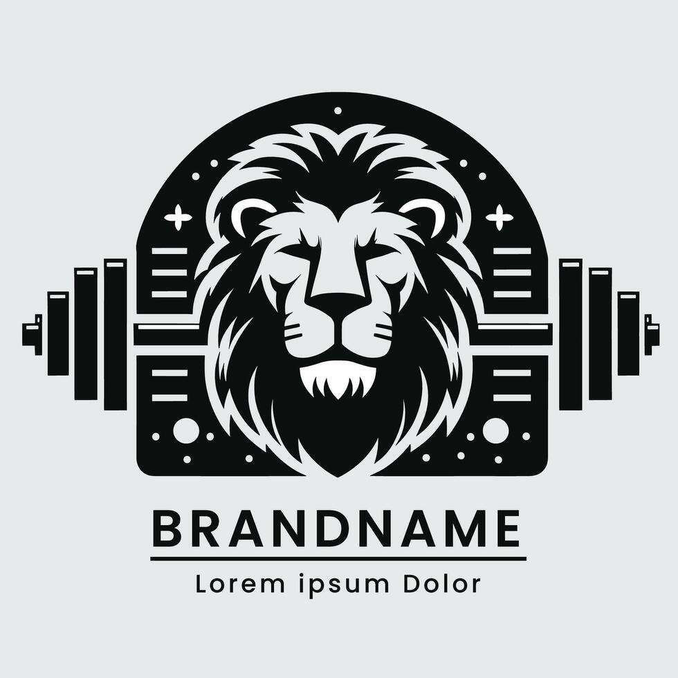 gimnasio logo león y barra con pesas para aptitud marca emblema moderno soltero color vector