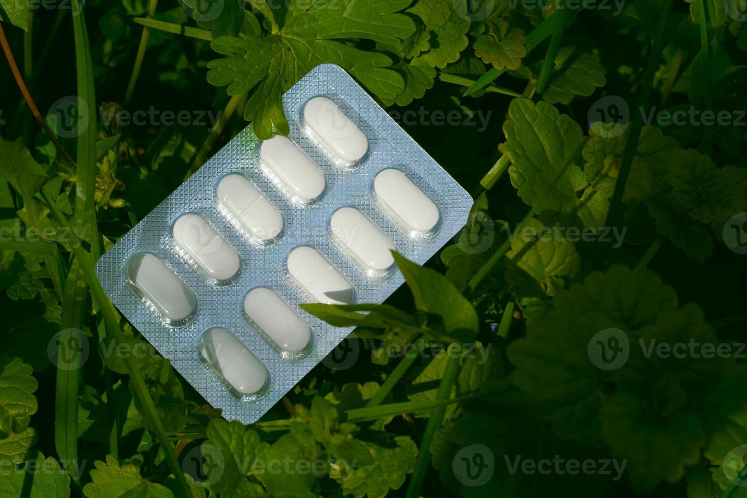 White pills in plastic blister on green grass on meadow photo