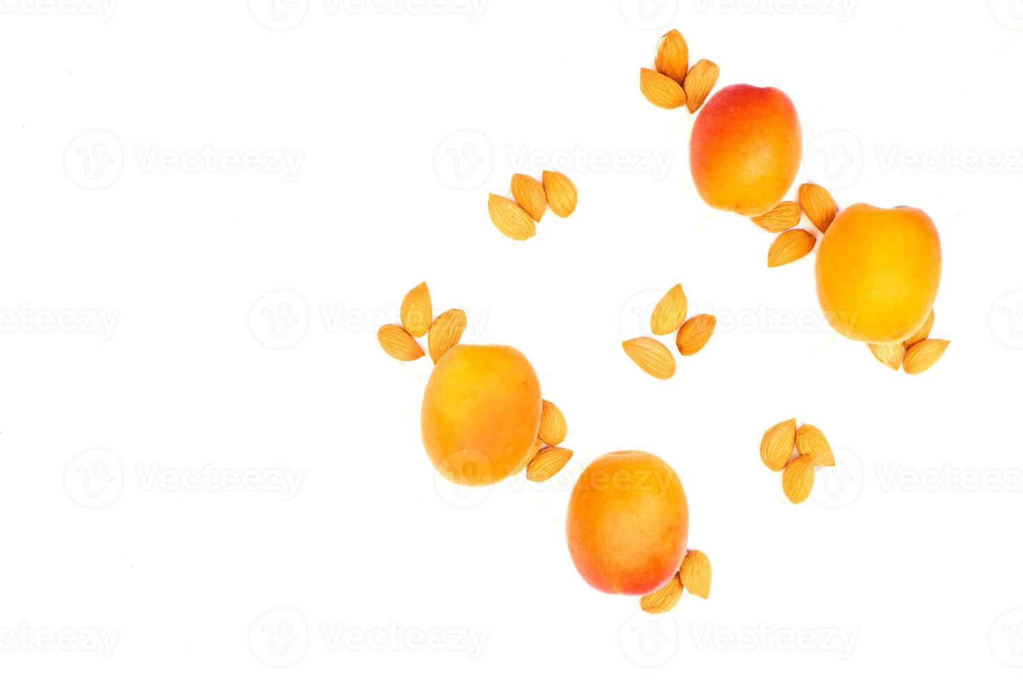 Fresh ripe apricot fruits, kernels isolated on white photo