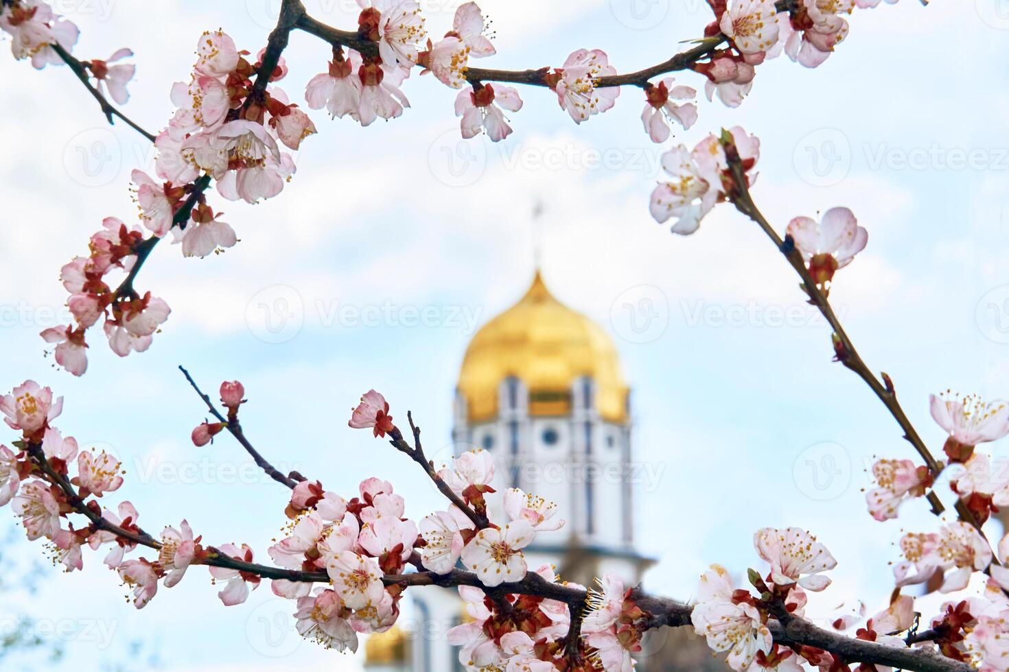 Beautiful church,sky and bright yellow spring flowers. photo