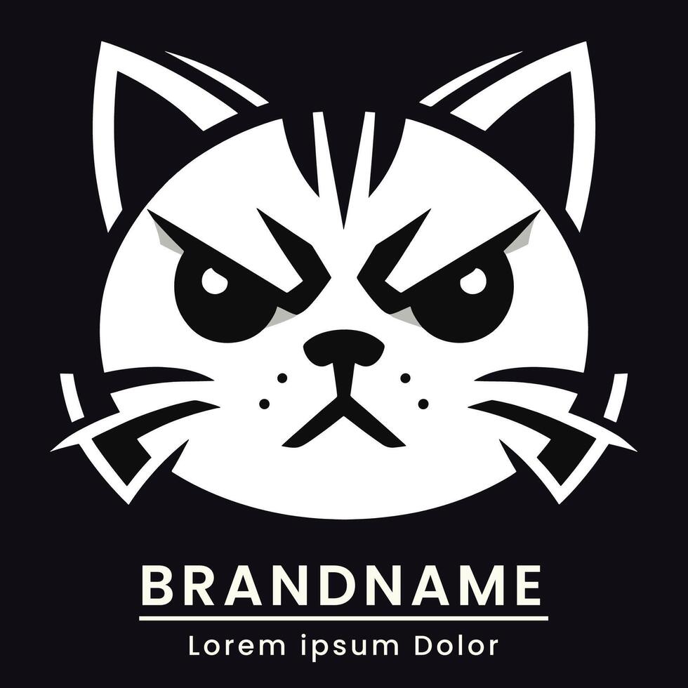 angry cat head logo flat Japanese style cute white logo for branding vector