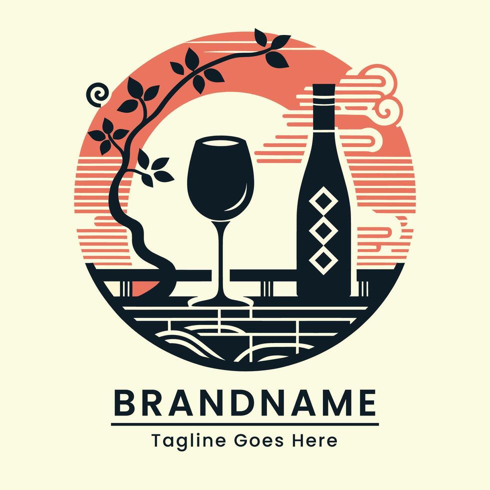 traditional wine logo Classic Elegant with glass and bottle japan element aesthetics with soft color vector