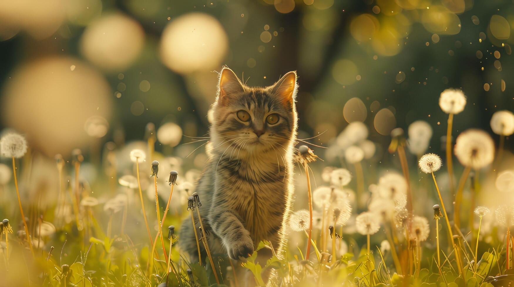 ai generado un gato paseos mediante un prado punteado con dientes de león, disfrutando el sereno alrededores. foto