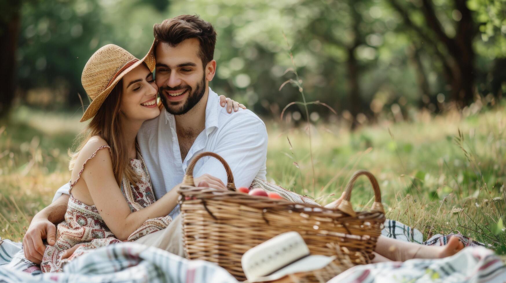 ai generado Pareja abrazando cada otro disfrutando picnic hora en al aire libre parque foto