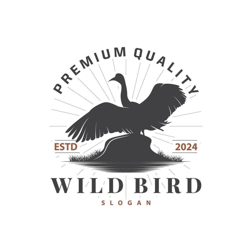 Stork Bird Logo, Heron, Grass, And River Design, Vector Simple Template illustration