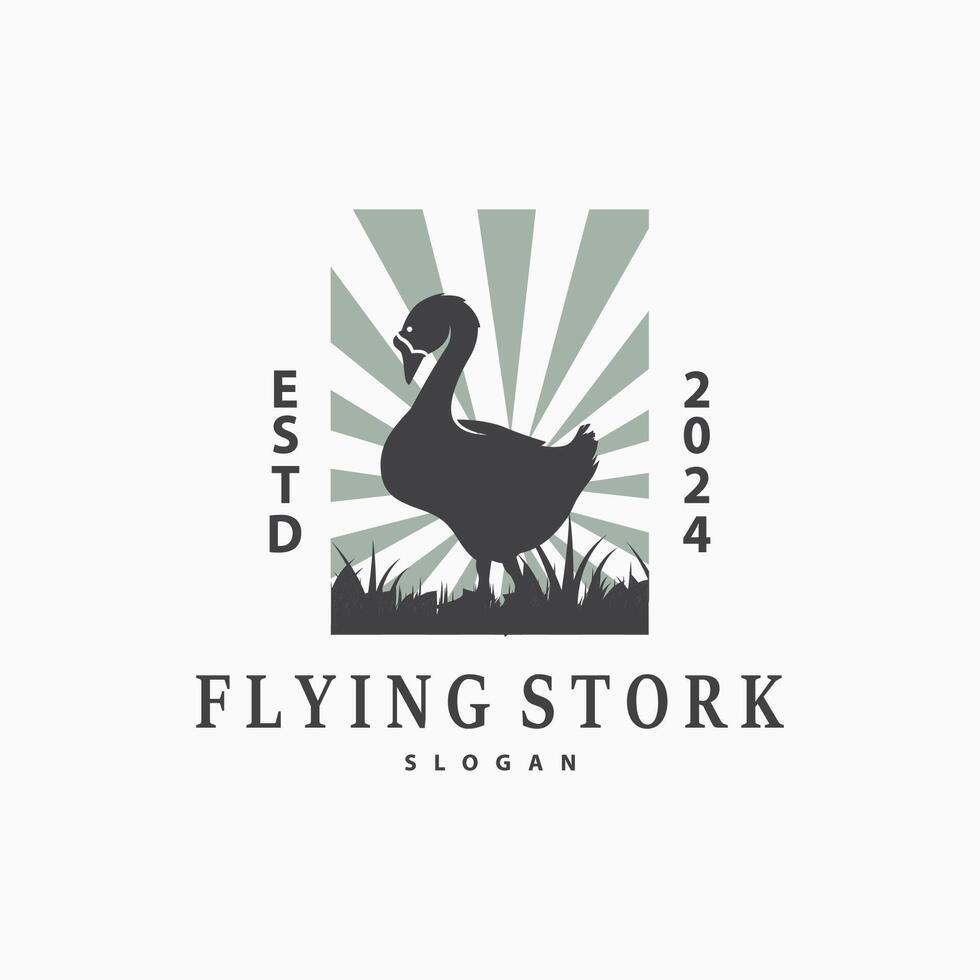Stork Bird Logo, Heron, Grass, And River Design, Vector Simple Template illustration