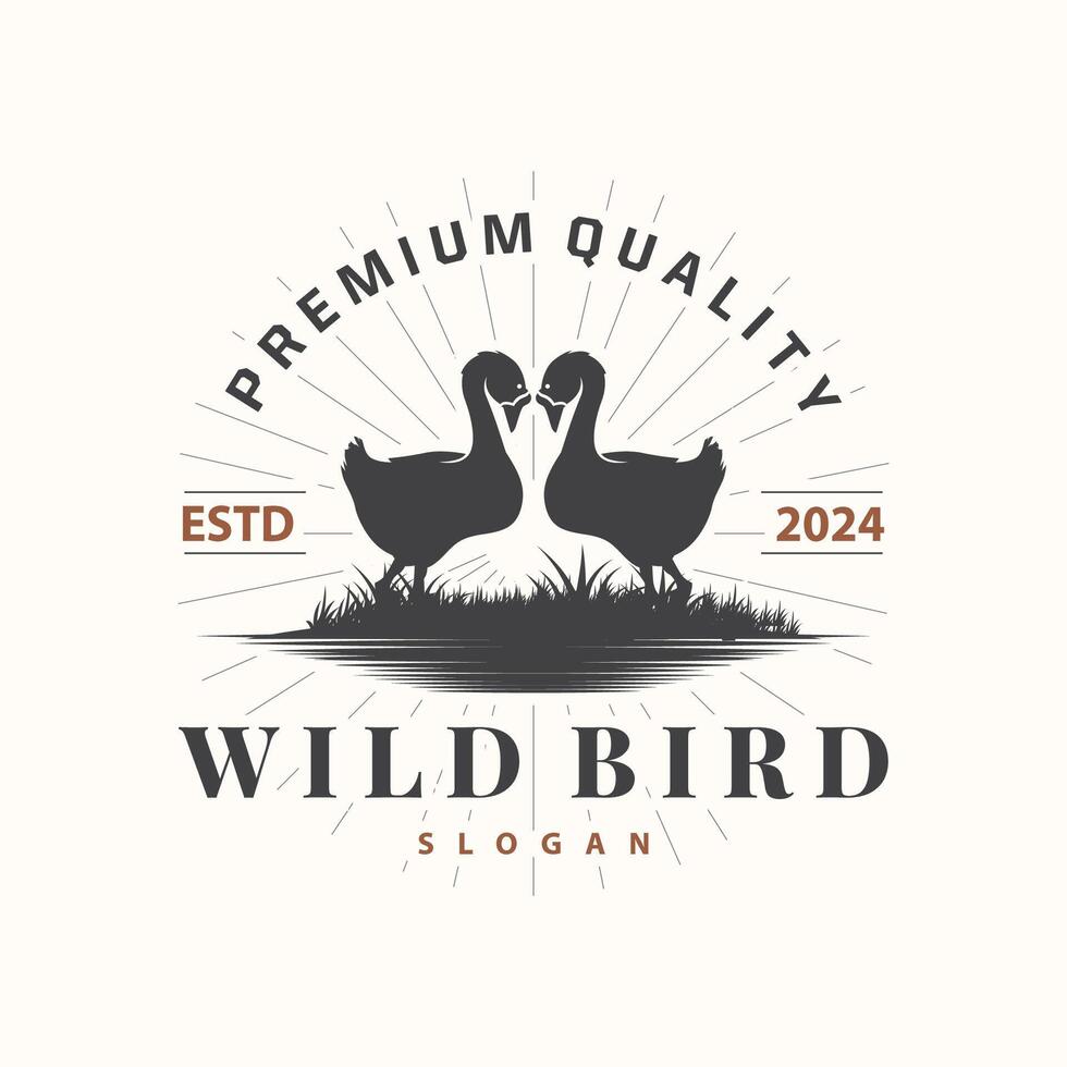 Stork Bird Logo, Heron, Grass, And River Design, Vector Simple Template illustration