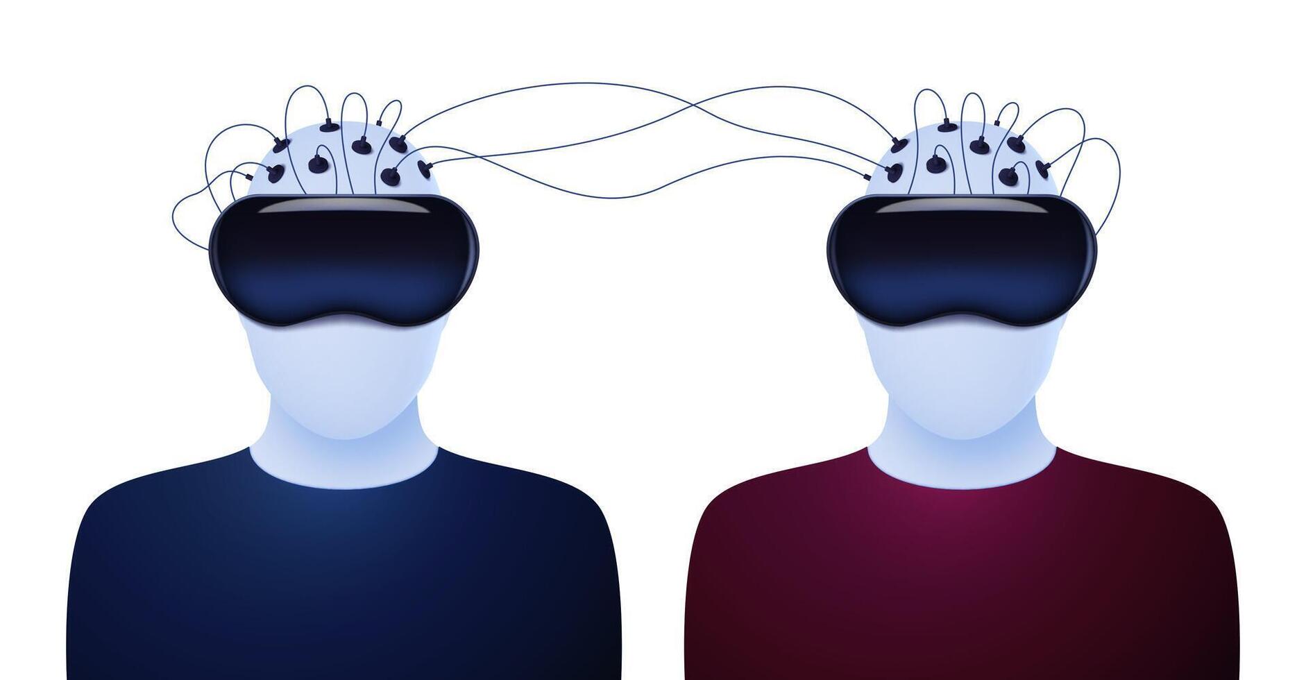 People in VR helmets are connected to each other by wires. Information sharing concept. Vector illustration.