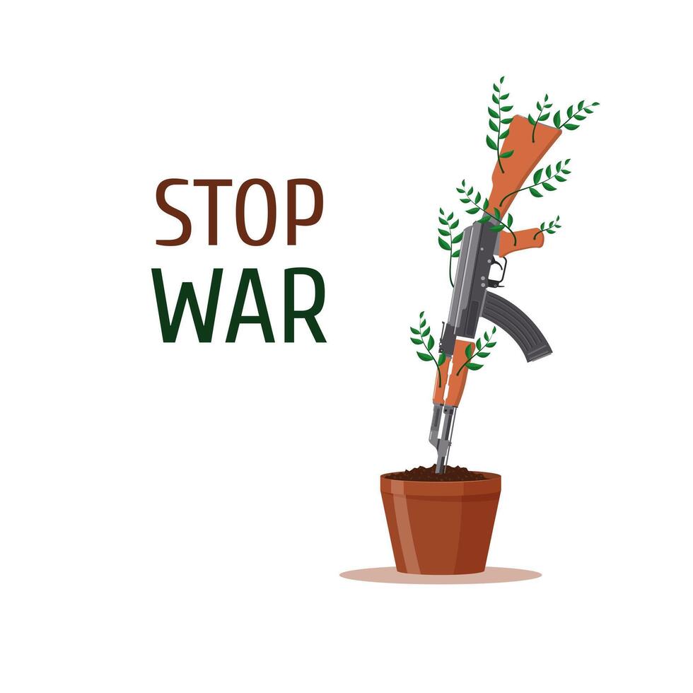 The machine gun is planted in a pot and sprouts green shoots with leaves. Stop the war concept. Vector illustration.