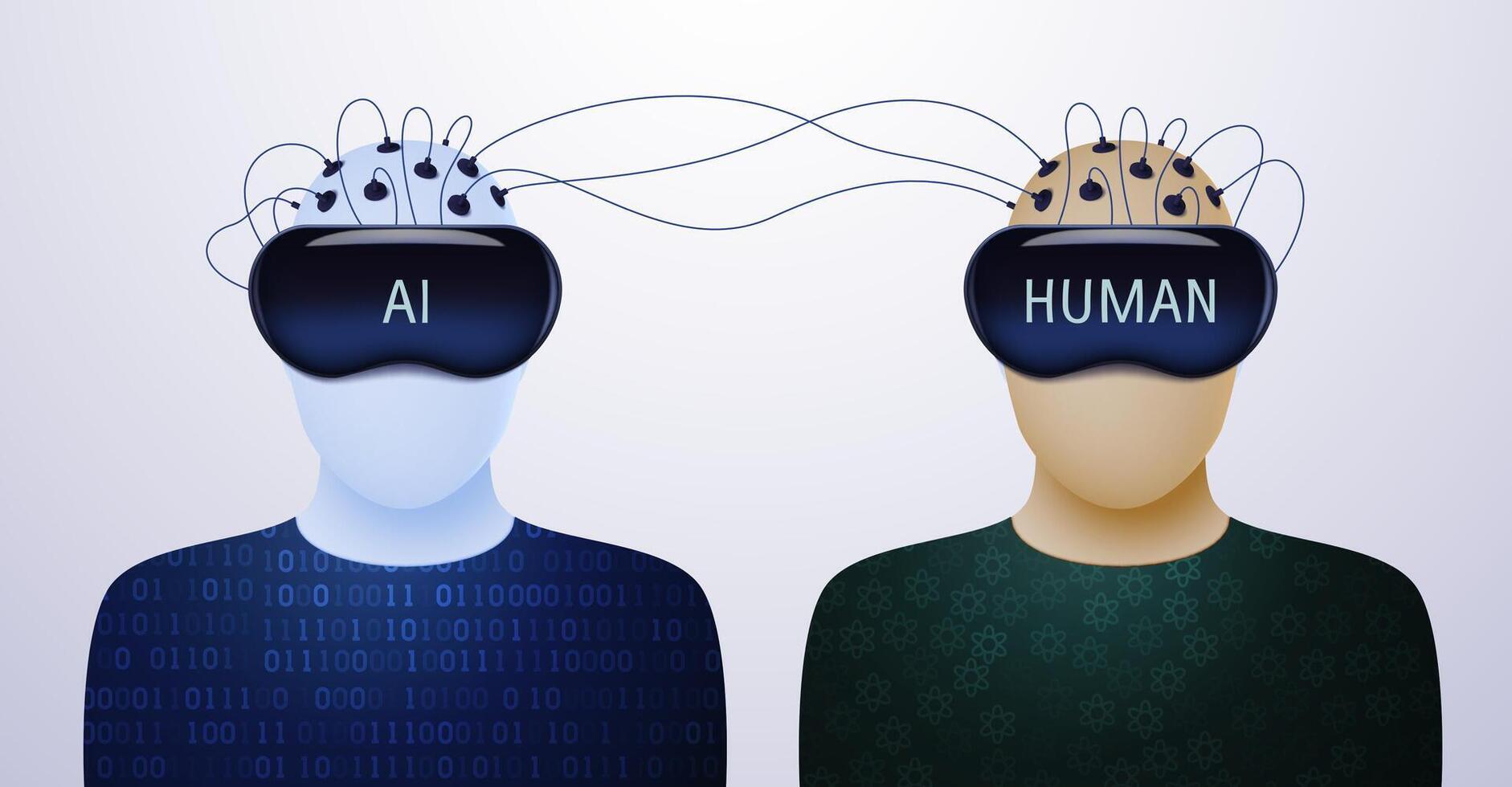 humanos y artificial inteligencia en vr cascos son conectado a cada otro por alambres concepto de aprendizaje y información intercambio. vector ilustración.