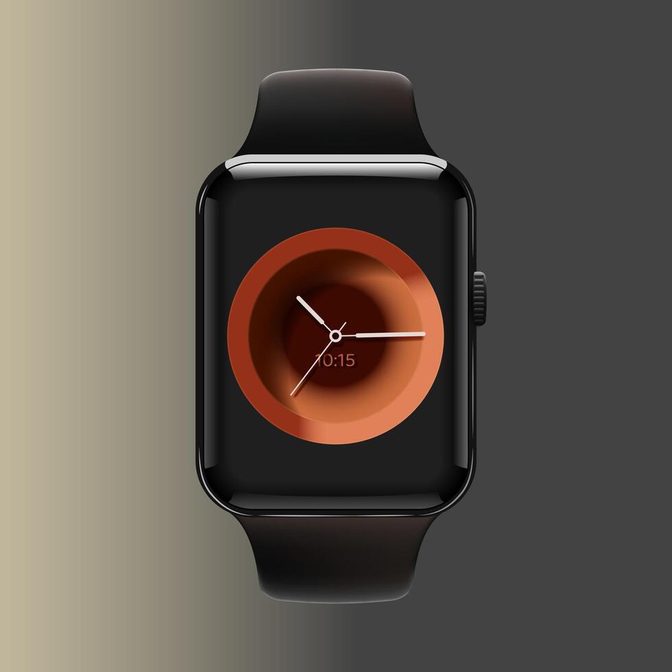 Realistic smart electronic watch in black with an orange dial with arrows. Vector illustration.