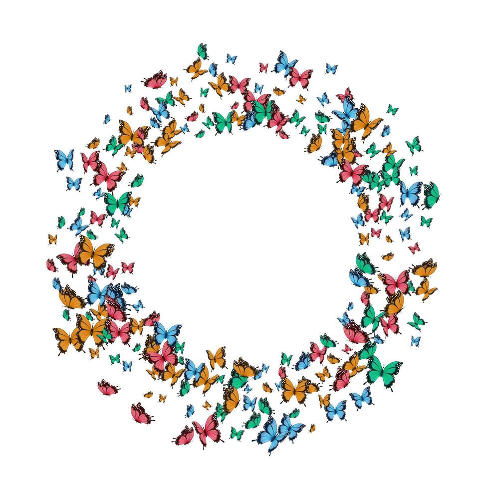 Multi-colored butterflies flying in a circle on a white background. Vector illustration.