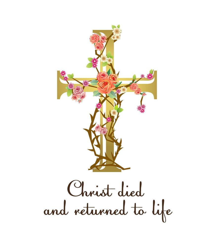 Religious gold cross and floral elements. Jesus cross, flowers and thorns, creative design. Greeting card concept. Christian symbol of death and life. Easter Sunday celebration. Isolated design. vector