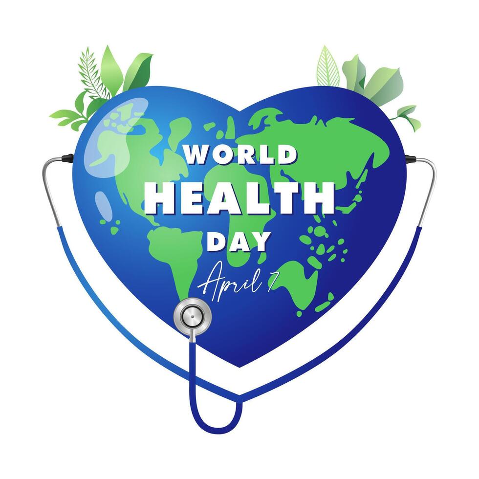 World Health Day 7 April social media poster. Greeting card design with heart shaped 3D planet Earth, green leaves and stethoscope. Creative icon. Environmental logo concept. Love nature symbol. vector