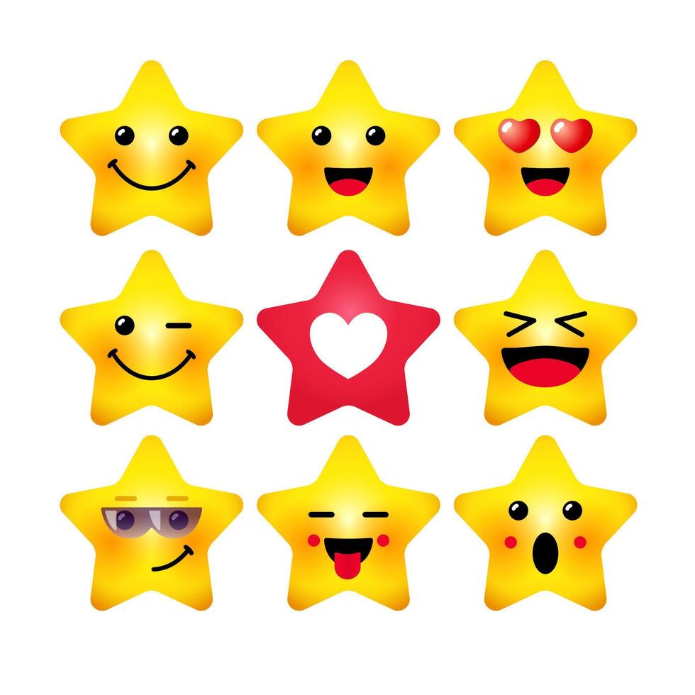 conjunto de linda estrellas, colección de 3d emoticonos positivo y simpático iconos estrella forma con amarillo caras. animación idea. Internet Mensajero concepto. caracteres y botones. web símbolos o botones. vector