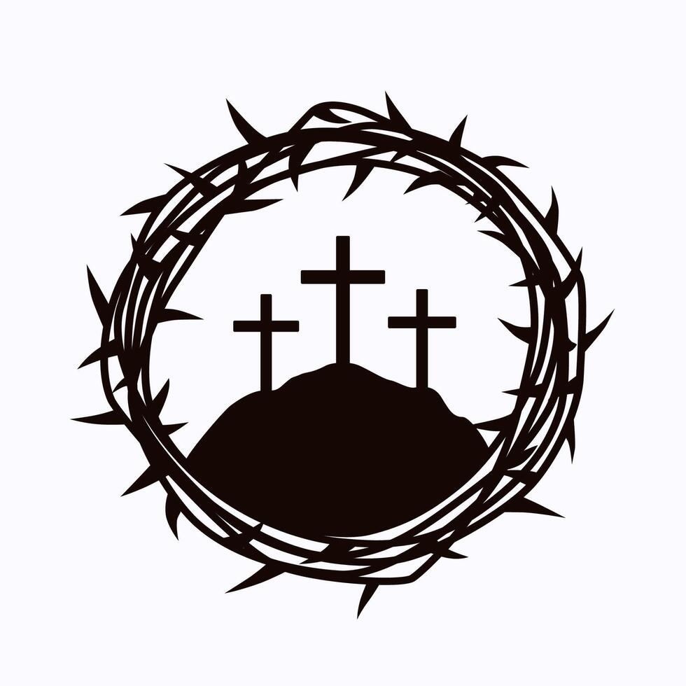 The cross of Jesus Christ, crown of thorns and Calvary. Vector illustration