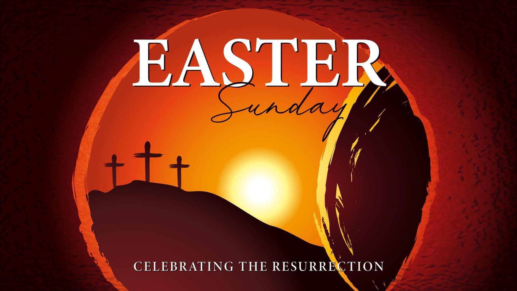 Easter Sunday morning, He is risen - tomb and three cross. Holy week postcard. Church service invitation vector