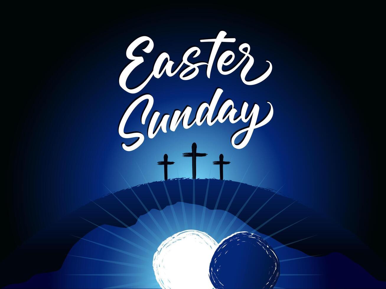 Easter Sunday, tomb and three cross on Calvary. Holy week greeting card. vector