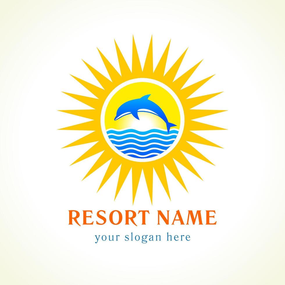 Dolphin jumps, sea and sun. Travel tour or resort logo cocept vector