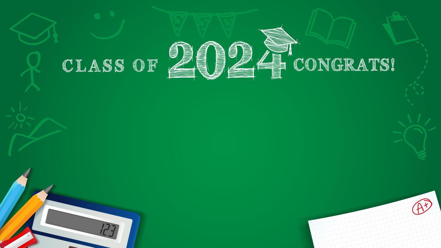 Class of 2024 Congrats, pencils and chalk drawing design. Background template. School photo banner vector