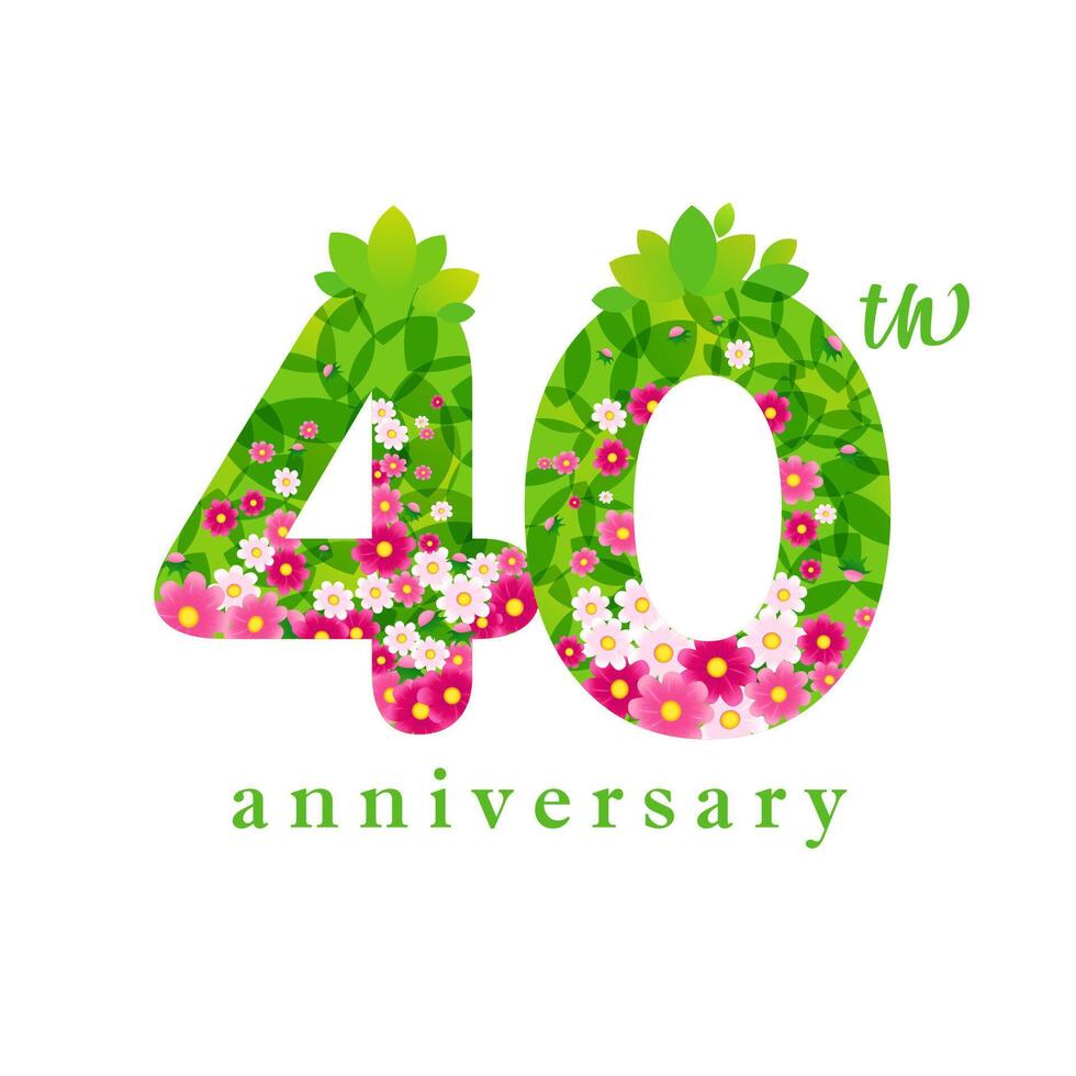 Creative green and pink number 40. 40th anniversary concept. Number logo. Up to 40 percent off sale icon. Floral design. Isolated graphic with vector clipping mask. Business banner template. Cute sign