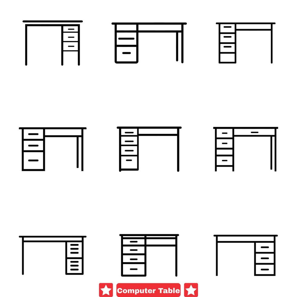 Ergonomic Design Series Vector Silhouettes of Computer Tables for Comfortable Computing