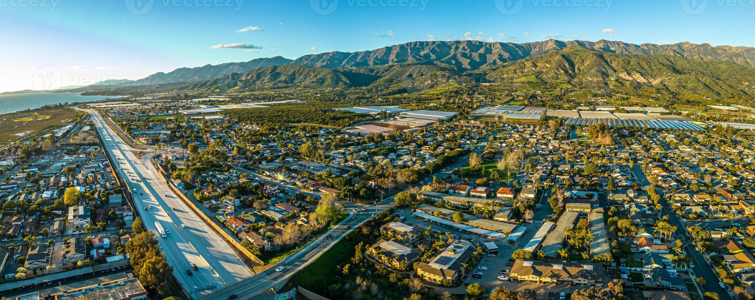 Highway 101 Carpinteria. Coast Road close to Santa Barbara. Aerial Panorama photo