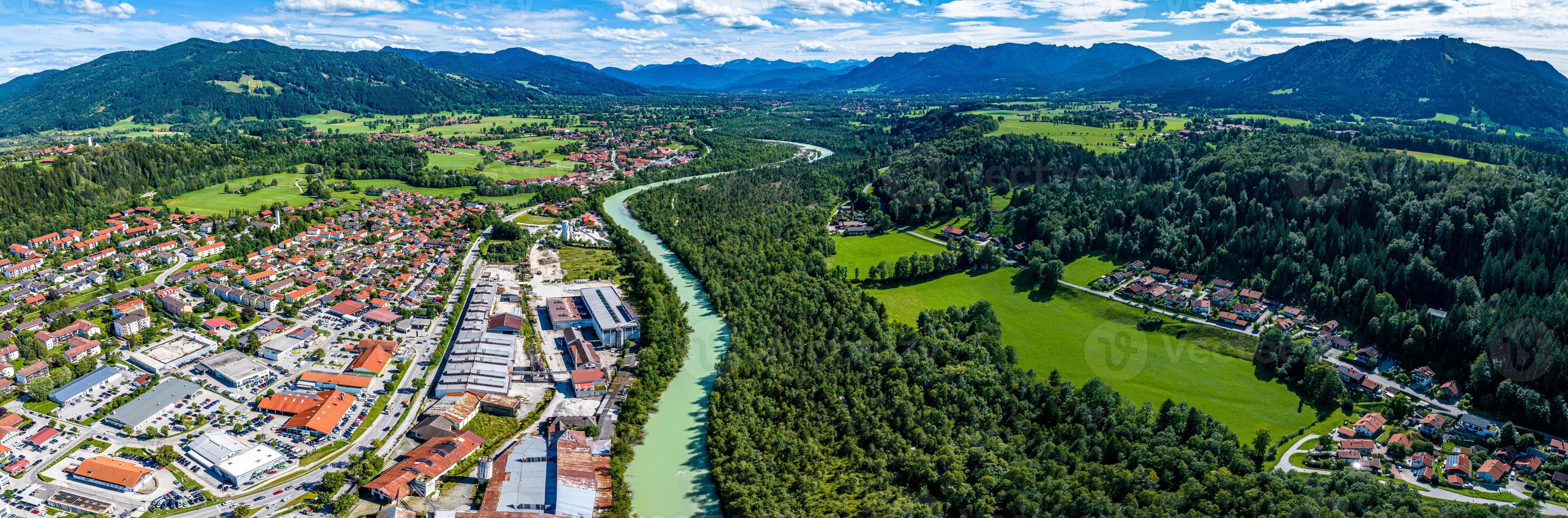 Bad Toelz Isar River. Bavarian Alps. Moraltpark. Drone Panorama photo