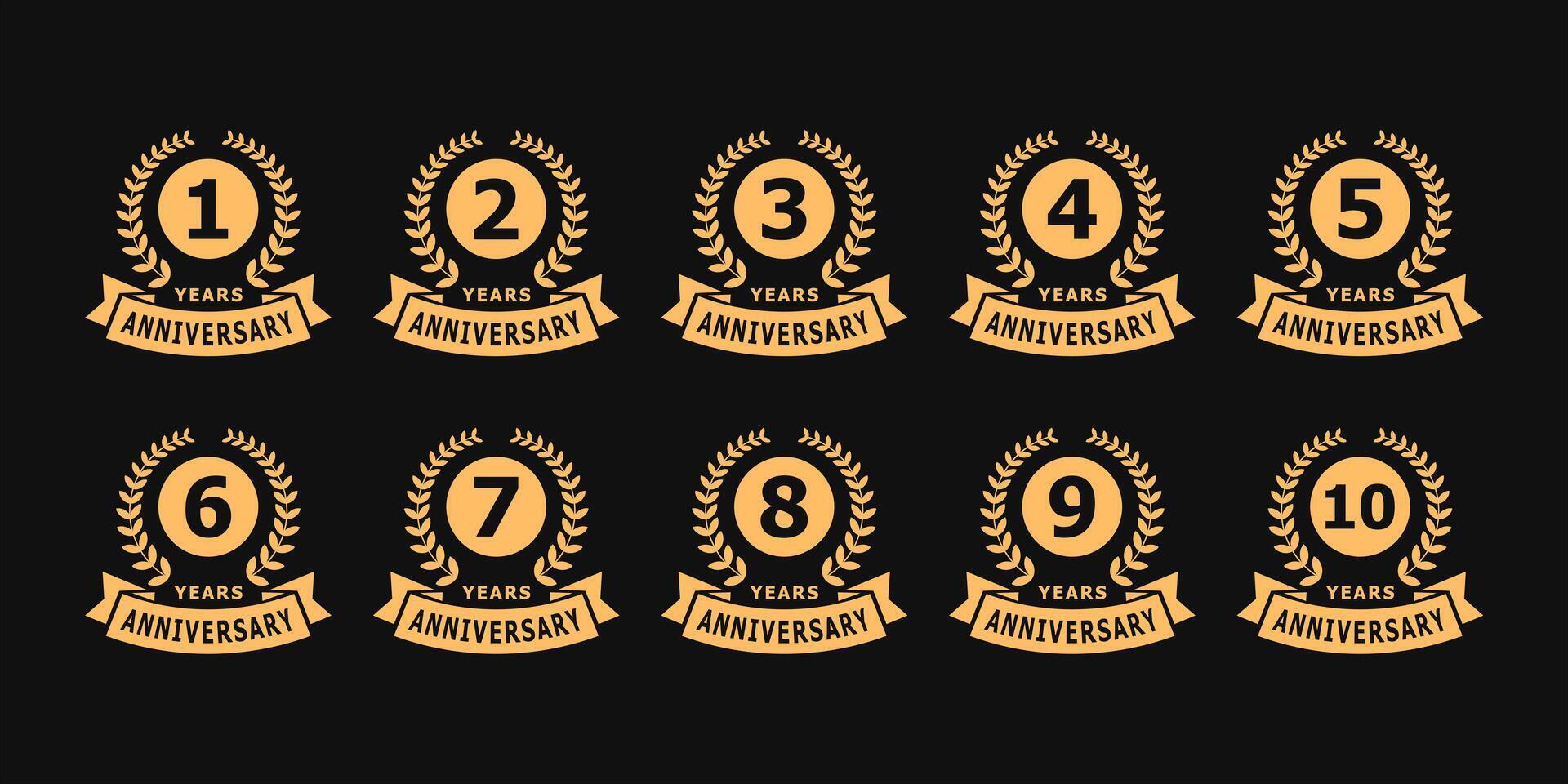 collection of 1st to 10th anniversary logos with the concept of round leaves and gold ribbons on a black background vector