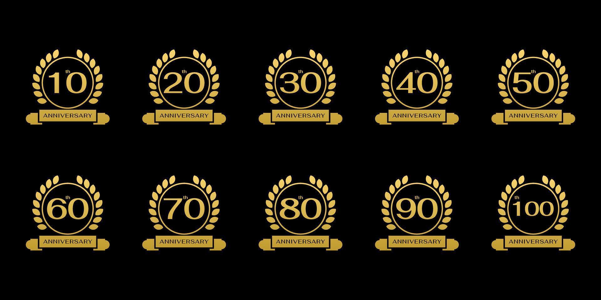 set of 10-90th anniversary celebration symbols. anniversary logo with gold ribbon and circular leaves vector