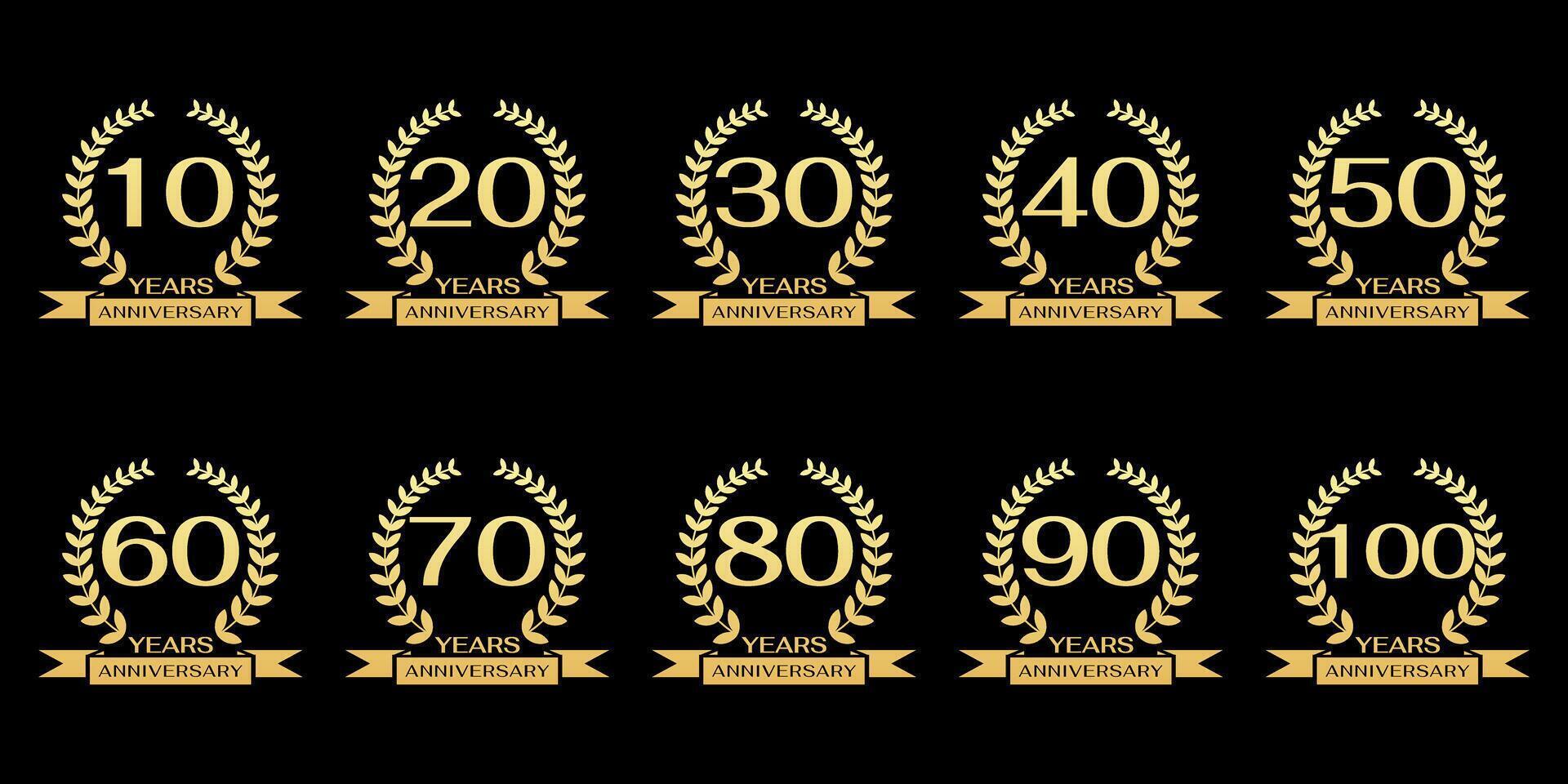 collection of 10 year to 100 year anniversary logos with circular leaves and gold ribbon vector