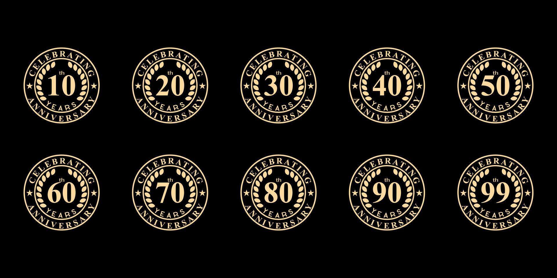 colección de aniversario logos desde 10 años a 99 años con retro circulo estilo y circular hojas para celebracion eventos, saludo tarjetas, invitaciones y Boda celebraciones vector